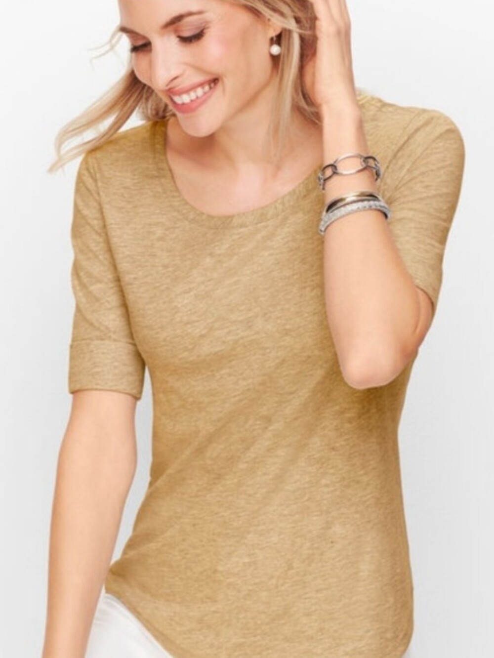 TALBOTS Gold Shimmer Scoop Neck T Shirt with Cuffed Sleeves
